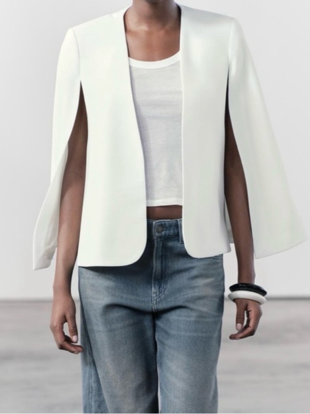 Zara White Open-Front Cape Jacket